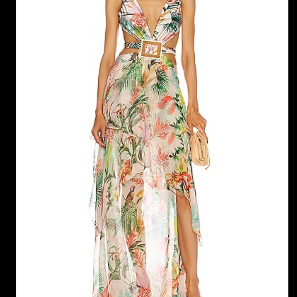 PatBO Tropical Floral High-Low Dress in Green, Pink, Peach